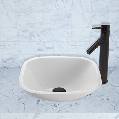 Antique Rubbed Bronze Square Shaped White Phoenix Stone Vessel Sink and Dior Faucet Set