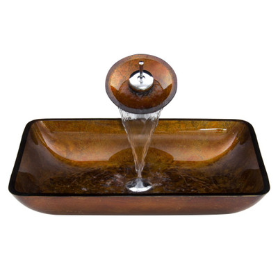 Chrome Rectangular Russet Glass Vessel Sink and Waterfall Faucet Set