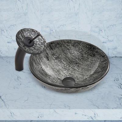 Matte Black Titanium Glass Vessel Sink and Waterfall Faucet Set