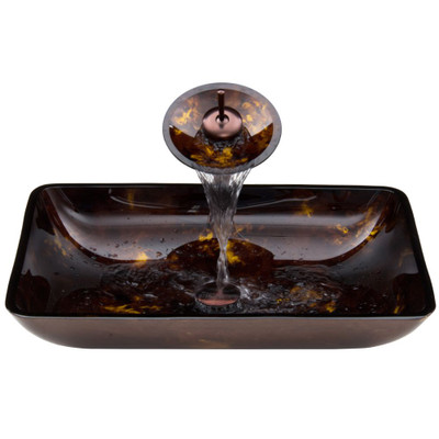 Oil Rubbed Bronze Rectangular Brown and Gold Fusion Glass Vessel Sink and Waterfall Faucet Set