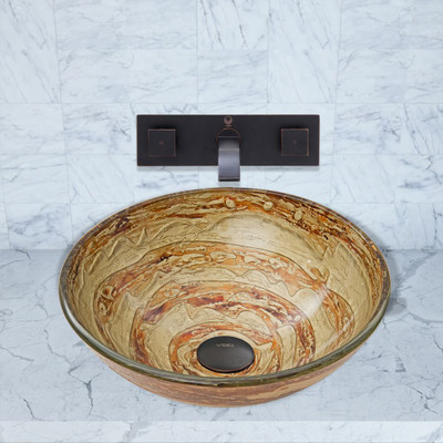Antique Rubbed Bronze Mocha Swirl Glass Vessel Sink and Titus Wall Mount Faucet Set