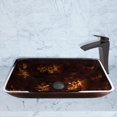 Matte Black Rectangular Brown and Gold Fusion Glass Vessel Sink and Blackstonian Faucet Set