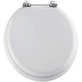 Round Moulded Wood Toilet Seat with Chrome Retro Bar Hinge in White
