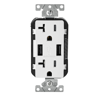 Combination Duplex Receptacle And USB Charger. 20 Amp. White.