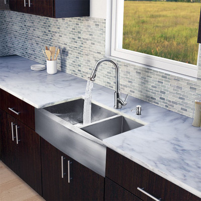 Stainless Steel All in One Farmhouse Double Bowl Kitchen Sink and Faucet Set 36 Inch