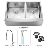 Stainless Steel Farmhouse Kitchen Sink Faucet Two Strainers and Dispenser