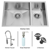 Stainless Steel Undermount Kitchen Sink Faucet Two Strainers and Dispenser