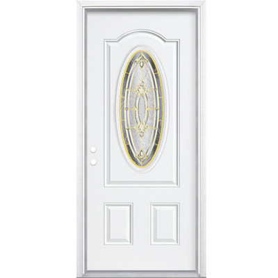32 In. x 80 In. x 6 9/16 In. Providence Brass 3/4 Oval Lite Right Hand Entry Door with Brickmould