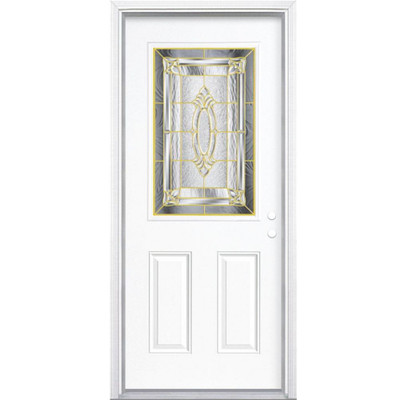 34 In. x 80 In. x 4 9/16 In. Providence Brass Half Lite Left Hand Entry Door with Brickmould