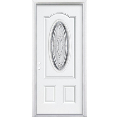 32 In. x 80 In. x 4 9/16 In. Providence Nickel 3/4 Oval Lite Right Hand Entry Door with Brickmould