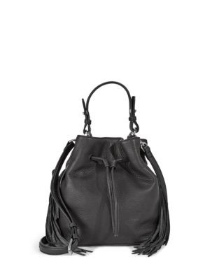 Kenneth Cole Fringed Leather Mini Bucket Bag - BLACK/SILVER