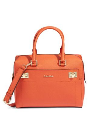 Calvin Klein Ashley Saffiano Leather Satchel - ORANGE