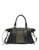 She + Lo Stud Grid Leather Satchel Bag - BLACK