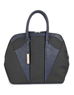 Kensie Contrast Textured Bowler Bag - NAVY COMBO