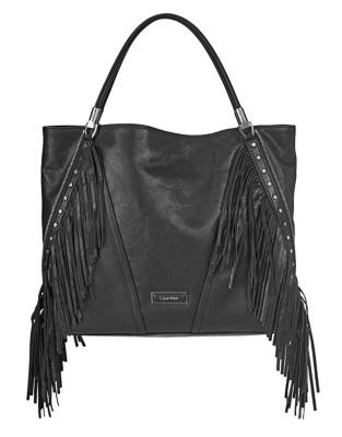 Calvin Klein Pinnacle Leather Fringe Tote Bag - BLACK