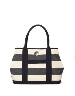 Tommy Hilfiger Woven Rugby Stripe Tote - NAVY/NATURAL