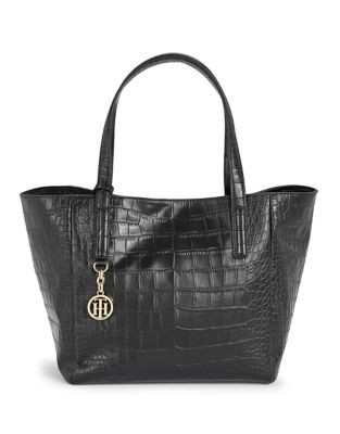 Tommy Hilfiger Claire Croc Embossed Leather Tote - BLACK