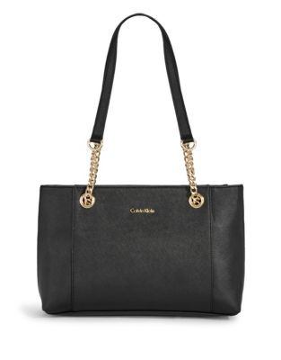 Calvin Klein Key Item Saffiano Leather Tote - BLACK/GOLD