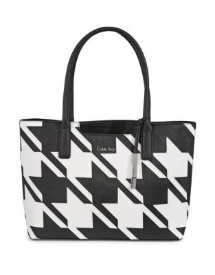 Calvin Klein Saffiano Leather Tote Bag - HOUNDSTOOTH