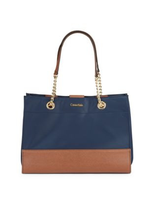 Calvin Klein Faux Leather-Trimmed Nylon Tote - NAVY