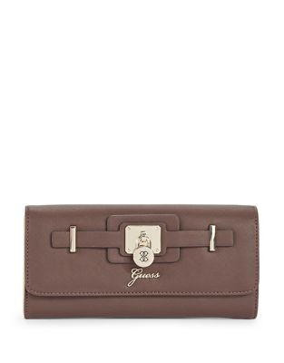 Guess Faux Saffiano Leather Flap Wallet - BROWN