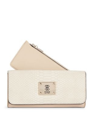 Guess Angela Embossed Flap Clutch - ALMOND