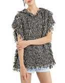 Topshop Hooded Knit Fringe Poncho - GREY - SMALL
