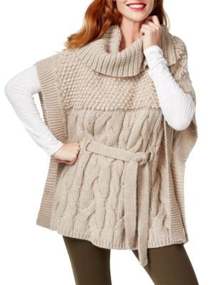 I.N.C International Concepts Cable Knit Belted Poncho - BEIGE - SMALL/MEDIUM