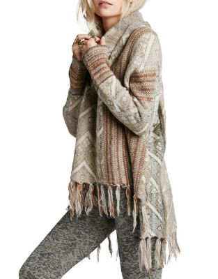 Free People Fringed Woolen Geo Knit Poncho-BEIGE - BEIGE - X-SMALL