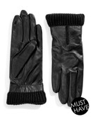Lord & Taylor Wrist Length Knit Cuff Leather Gloves - BLACK - 7