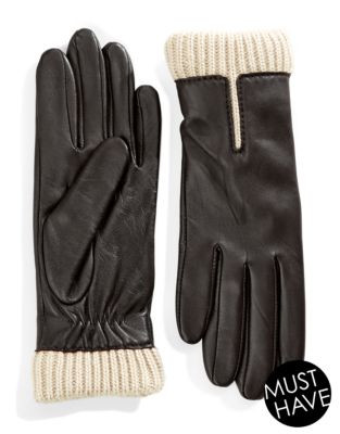 Lord & Taylor Wrist Length Knit Cuff Leather Gloves - BROWN - 6.5
