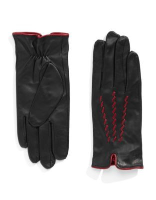Lauren Ralph Lauren Braided Contrast Leather Gloves - BLACK/RED - SMALL
