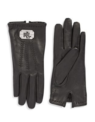 Lauren Ralph Lauren Leather Logo Plaque Gloves-BLACK/SILVER - BLACK/SILVER - X-LARGE