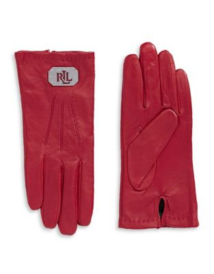 Lauren Ralph Lauren Leather Logo Plaque Gloves - RED/SILVER - LARGE