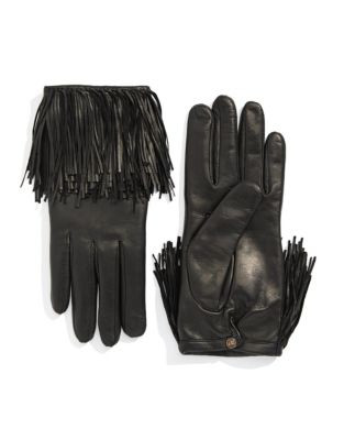 Diane Von Furstenberg Fringe Leather Gloves - BLACK - 7.5