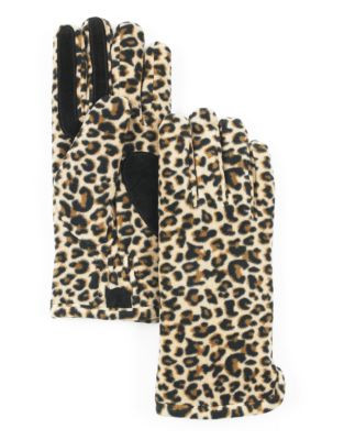 Isotoner Womens Stretch Fleece Glove with Suede Palm Grips - LEOPARD