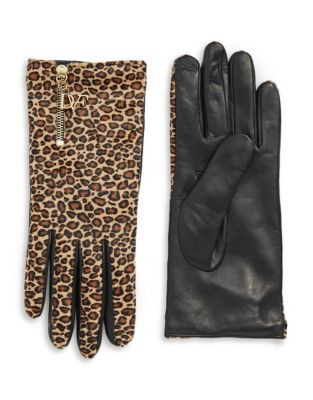 Diane Von Furstenberg Leopard Calf Hair and Leather Gloves - MINI LEOPARD/RED - 6.5