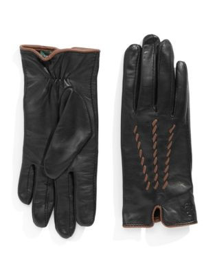Lauren Ralph Lauren Braided Contrast Leather Gloves - BLACK/SADDLE - SMALL