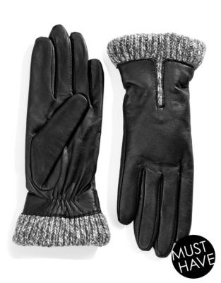 Lord & Taylor Wrist Length Knit Cuff Leather Gloves - CHARCOAL GREY - 7.5