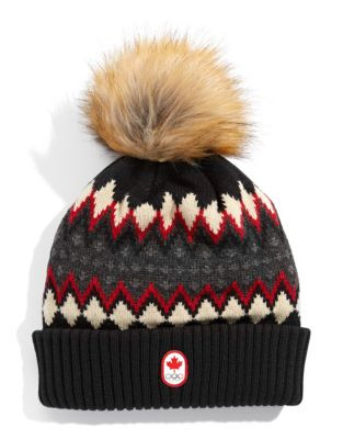 Olympic Collection Nordic Tuque with Faux Fur Pom-Pom - BLACK