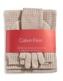 Calvin Klein Waffle Knit Hat Scarf and Gloves Set - ALMOND