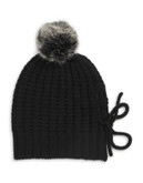 Echo Rib Knit Fur Pom Pom Hat - BLACK