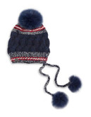 Pajar Mixed Knit Tuque with Fur Pom-Poms - BLUE