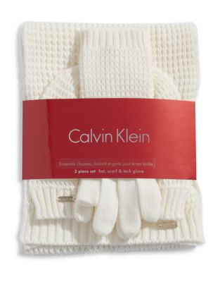 Calvin Klein Waffle Knit Hat Scarf and Gloves Set - CREME