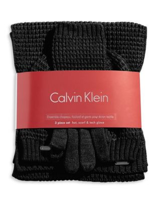 Calvin Klein Waffle Knit Hat Scarf and Gloves Set - BLACK