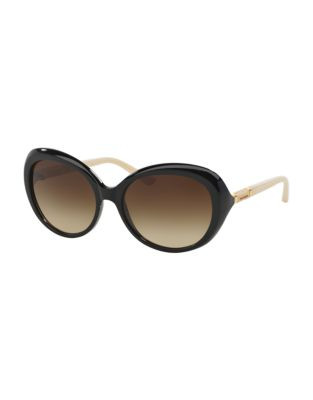 Tory Burch Wood Engraved T Round Sunglasses - BLACK/IVORY