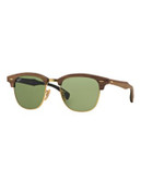 Ray-Ban Wood 51mm Clubmaster Sunglasses - MEDIUM WOOD WITH GREEN LENSES (11824E)