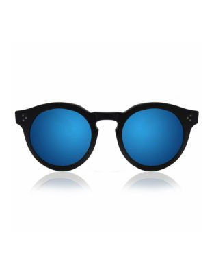 Illesteva Leonard 2 Round Sunglasses - BLACK WITH BLUE MIRRORED LENSES