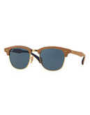 Ray-Ban Wood 51mm Clubmaster Sunglasses - MEDIUM WOOD WITH BLUE LENSES (1180R5)