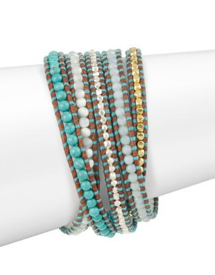 Chan Luu Threaded Bead Leather Wrap Bracelet - TURQUOISE